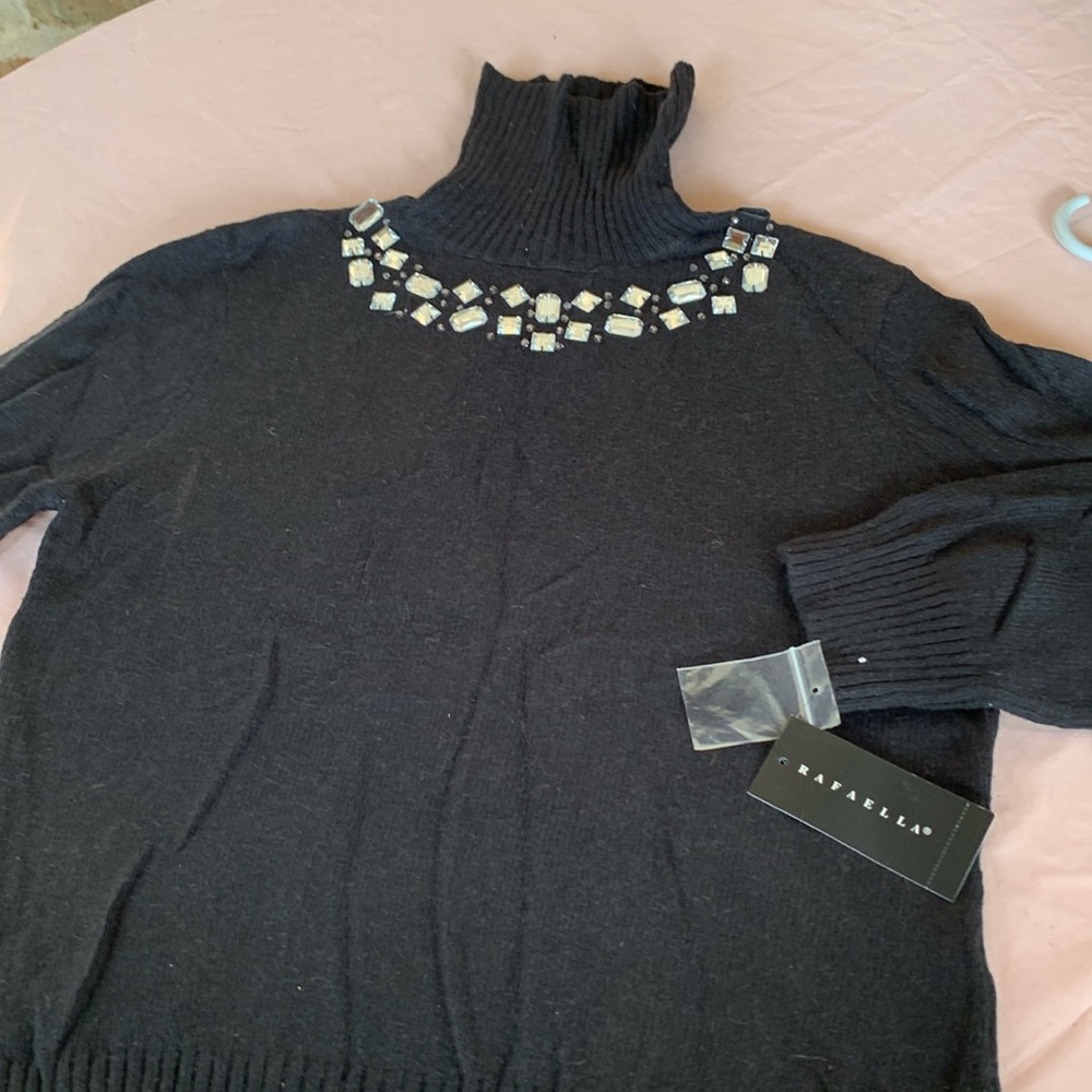 Reduced Rafaella New tags black top with glass beads under neck Angora Cotton